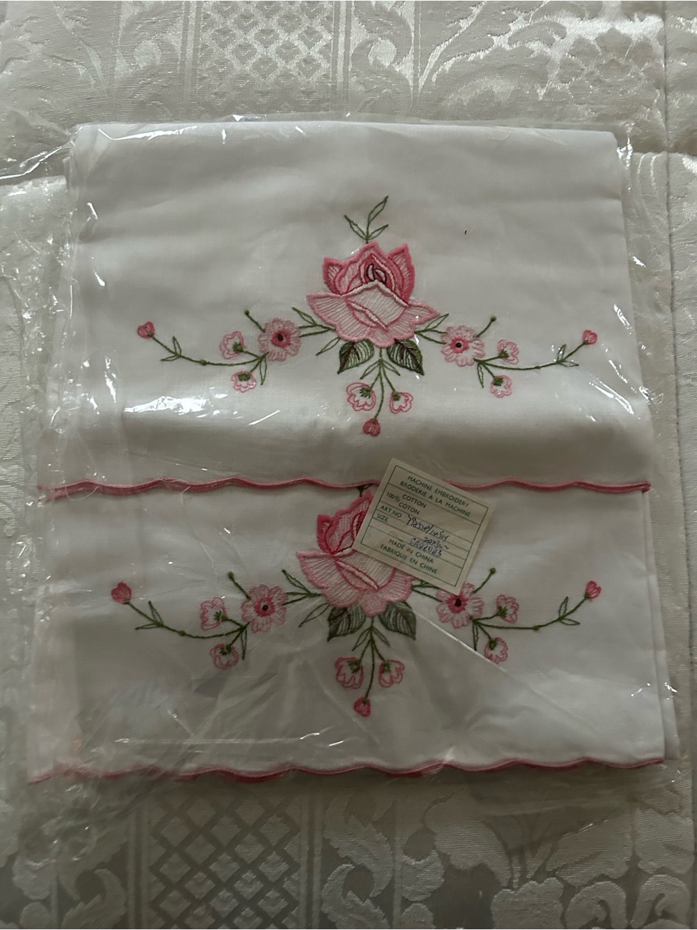 Vintage Embroidered Pink Rose Pillowcase Set (New- package never opened)